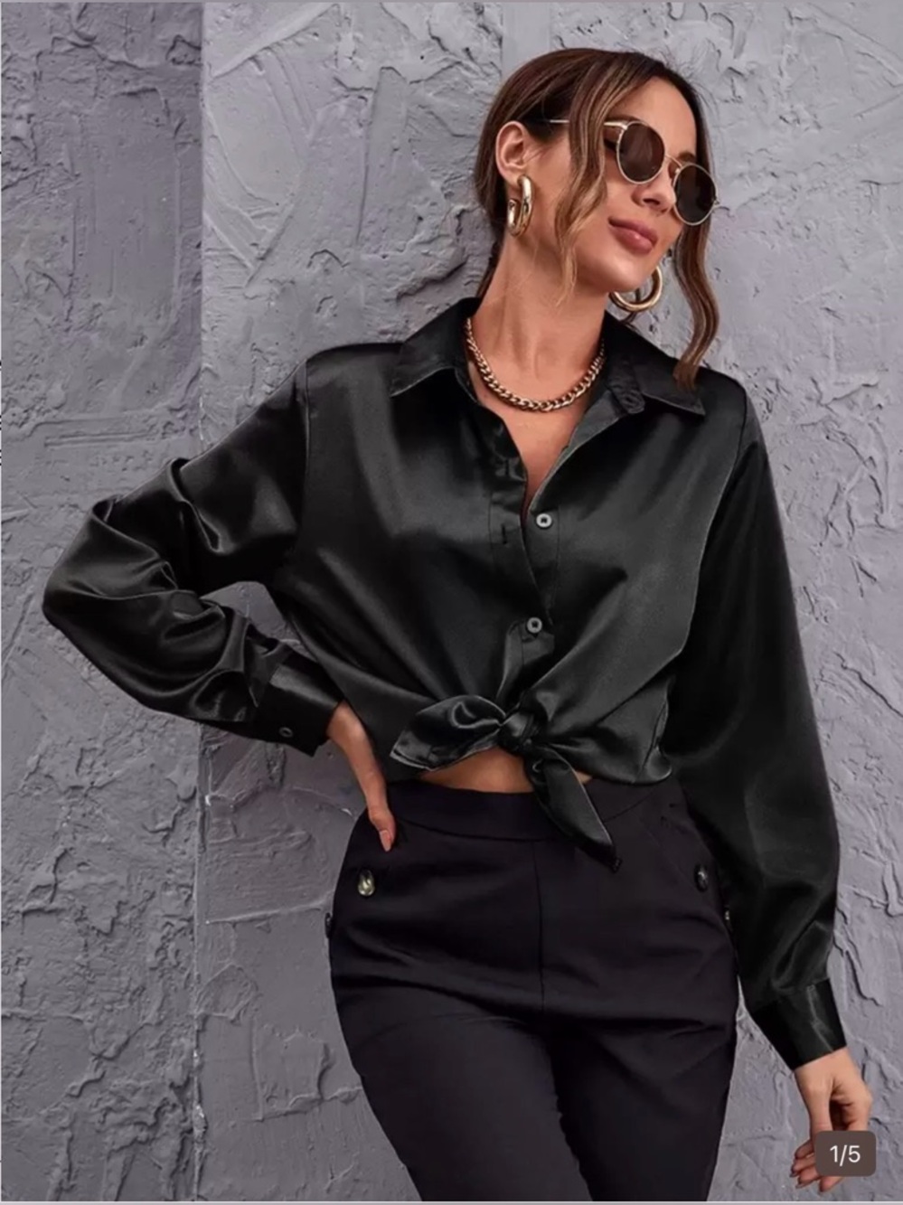 H&M Black Satin Button-Up Blouse